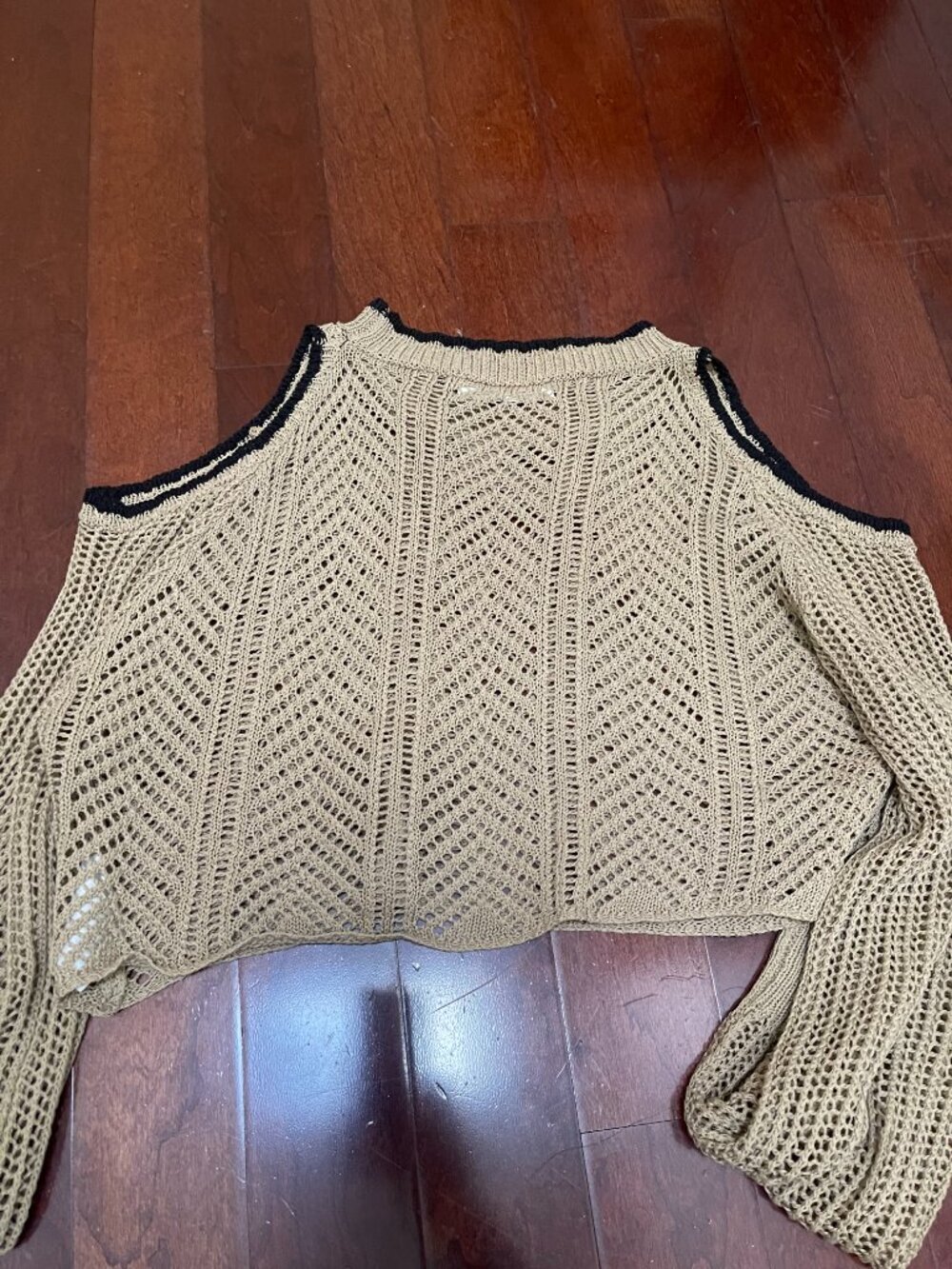 Open Knit Cold Shoulder Crop Sweater Coastal Boho Festival Beige - Picture 9 of 9